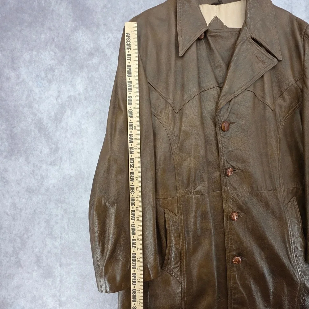 Vintage Grais Brown Leather Trench Coat Mens 48 Western Yoke Jacket Made in USA